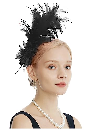 Damen-Fascinator mit Federn im Stil der 1920er-Jahre, Stirnband, Tee-Party-Blumen-Kopfbedeckung, Derby-Blumen-Kopfbedeckung for Cocktail-Gatsby-Hochzeit (Color : Black, Size : 1)