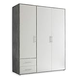 Stella Trading Valencia Kleiderschrank Optik, Vielseitiger Drehtürenschrank 3-türig mit viel Stauraum für Ihr Schlafzimmer, Holzwerkstoff, Beton/Weiß, 155 x 195 x 60 cm