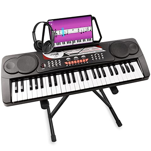 MAX KB8 - Digital Piano Keyboard Klavier, 49 Tasten, Keyboard mit Ständer, Kopfhörer, Notenständer, 6 Demos, 16 Sounds, 10 Rhythmen, mini Keyboard Piano für Anfänger, Einsteiger - Schwarz