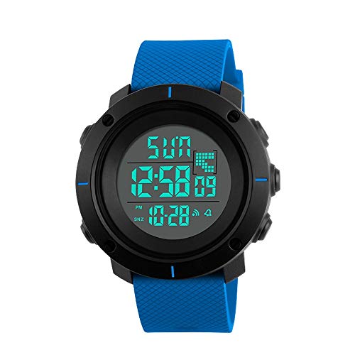FeiWen Unisex Fashion Multifunktional Uhren LED Digital Doppelte Zeit Outdoor Sportuhr 50M Wasserdicht Schwarz Plastik Wählscheiben mit Blau Kautschuk Band Armbanduhren