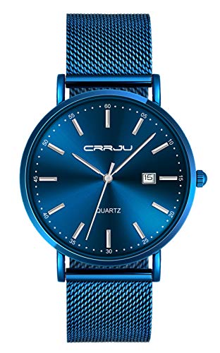 SUPBRO Herren Uhren Ultra Dünne Schwarze Klassische Minimalistische Quartz mit Mesh-Armband Blau