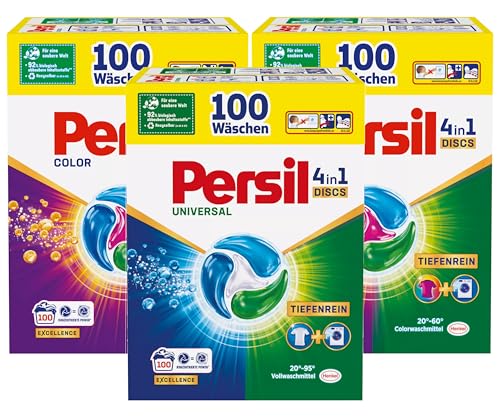 Persil Set 1x Universal & 2x Color 4in1 DISCS 300 Waschladungen (3x 100WL), Vollwaschmittel & Color Waschmittel Tiefenrein, für reine Wäsche und hygienische Frische für die Maschine