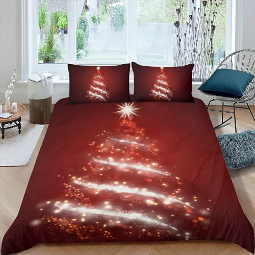 OaKita Weihnachts Bettwäsche Set Weihnachtsbaum Deko Schneeflocke Muster Bettbezug Rot Weihnachtsbaum Mikrofaser Bettbezug mit 2 Kissenbezüge 80x80 cm (A08,135x200cm/80x80cm)