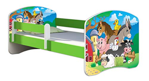 ACMA Kinderbett Jugendbett mit Einer Schublade und Matratze Grün mit Rausfallschutz Lattenrost II 140x70 160x80 180x80 (34 Farm, 160x80)