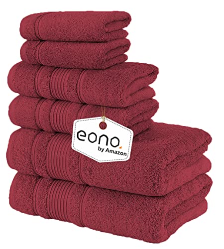 Eono by Amazon 2 große Badetücher, 2 große Handtücher, 2 Waschlappen, superweiche ägyptische Baumwolle, 6-teiliges Premium-Handtuch-Set für Hotel & Spa, Badezimmer, Küche, Dusche – Burgund