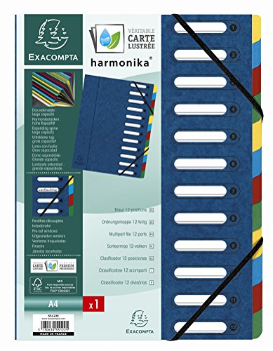 Exacompta 55122E Packung mit 6 Ordnungsmappen (Harmonika, DIN A4, 21 x 29,7 cm, 12 Fächer, aus Manila-Karton, Gummizug, Indexfenster) 6er Pack blau