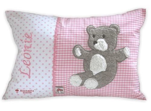 Glückspilz Namenskissen personalisiert, Babykissen mit Namen Bestickt, Teddybär, Rosa, 30 x 45 cm