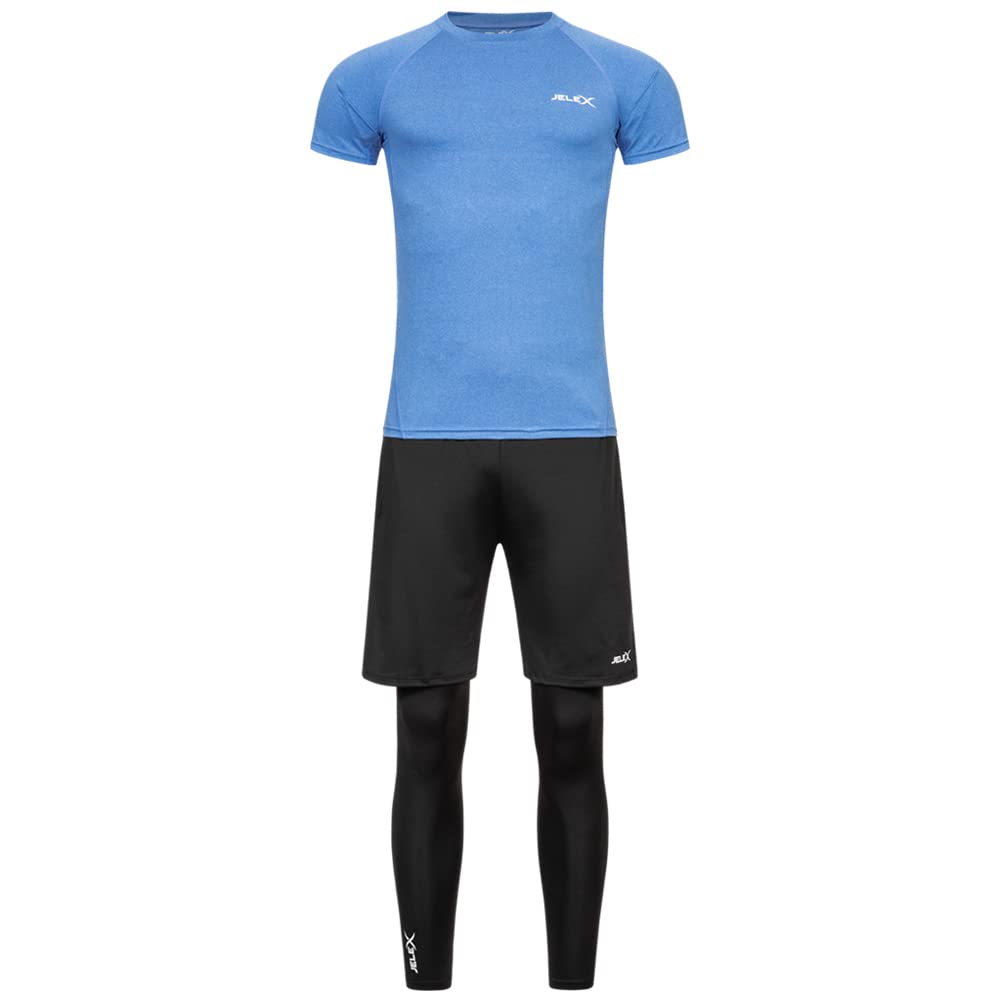 JELEX Sportinator Herren 3-teiliges Fitness-Set bestehend aus Shirt, Leggings und Shorts, für alle Sport- und Fitnessaktivitäten. In den Größen S bis XXL, in Blau, Rot oder Grün (Blau, 2XL)
