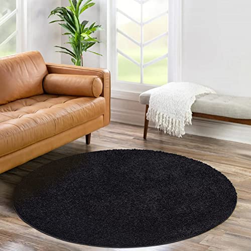 carpet city Shaggy Hochflor Teppich - Rund 120 cm - Schwarz - Langflor Wohnzimmerteppich - Einfarbig Uni Modern - Flauschig-Weiche Teppiche Schlafzimmer Deko