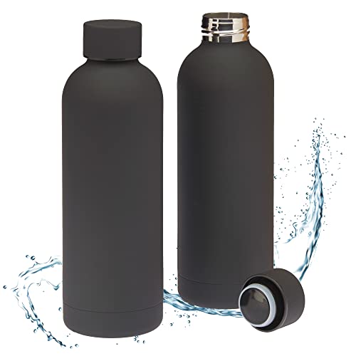 Smart-Planet 2er SET Premium Trinkflaschen aus Edelstahl 500ml - mit edler Touch Lackierung in Schwarz - 0,5l Thermo Edelstahltrinkflasche 100% auslaufsicher