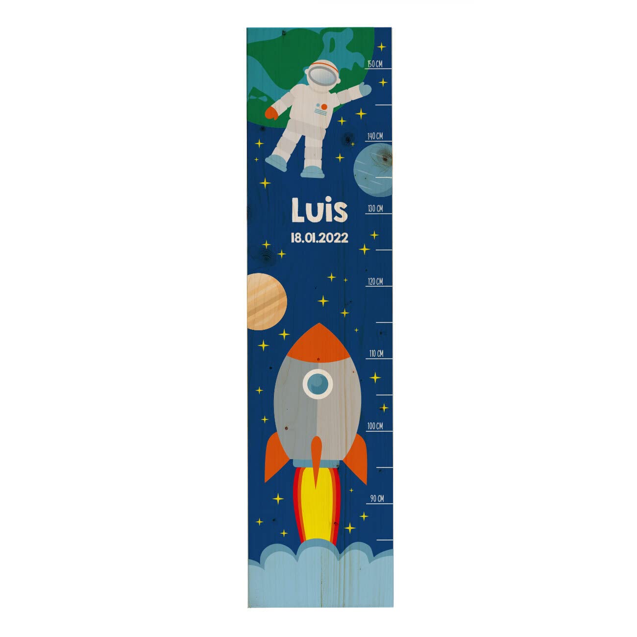 Striefchen® Messlatte für Kinder mit tollen Fantasie-Motiven, Holz, personalisiert Rakete und Astronaut