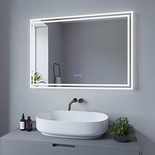 AQUABATOS 100x70 cm LED Badspiegel Wandspiegel Badezimmerspiegel mit Beleuchtung lichtspiegel Dimmbare Touch Schalter Farbtemperatur Kaltweiß 6400K Warmweiß 3000K Spiegelheizung antibeschlag IP44 CE