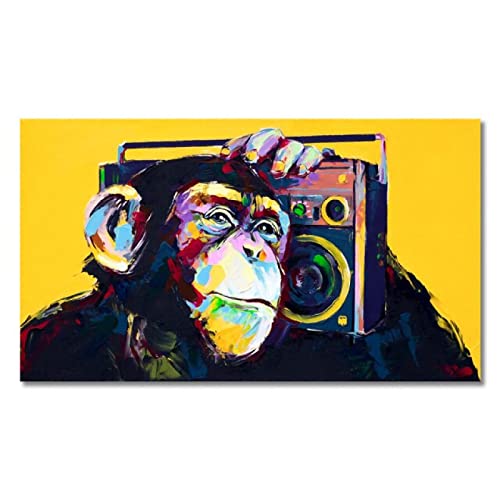 Rumlly Großes Leinwandbild, Affe, Musik hören, Poster und Drucke, abstrakte Tierwandkunst, Bilder für Wohnzimmer, 30 x 60 cm, rahmenlos