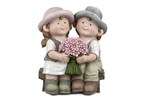 Small-Preis Deko-Figuren Sommerkinder Greta und Franz sitzend auf Bank Gartenkinder mit Blumenstrauss Frühjahrsdeko Sommerdeko für Innen und Außen 26x18cm groß 462