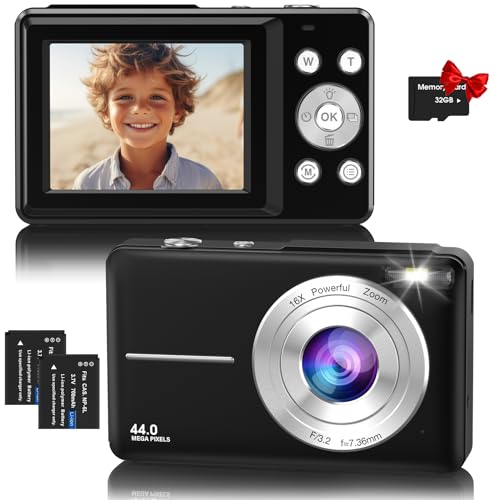 Digitalkamera,Hauyince Fotokamera 1080P FHD 44MP mit 32GB Karte, 16X Zoom 2,5'' LCD Fotoapparat für Fotografie und Vlogging, Tragbare Mini Kompaktkamera für Kinder Teenager Anfänger