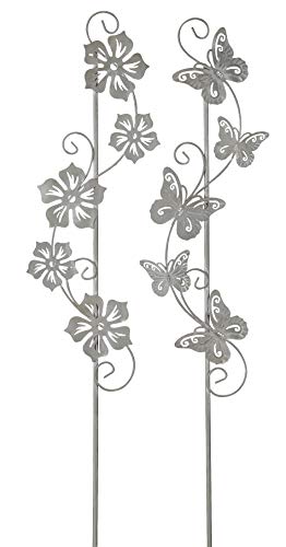 dekorativer Gartenstecker Blumenranke und Schmetterlingstanz Metall hellgrau Preis für 2 Stück als Set