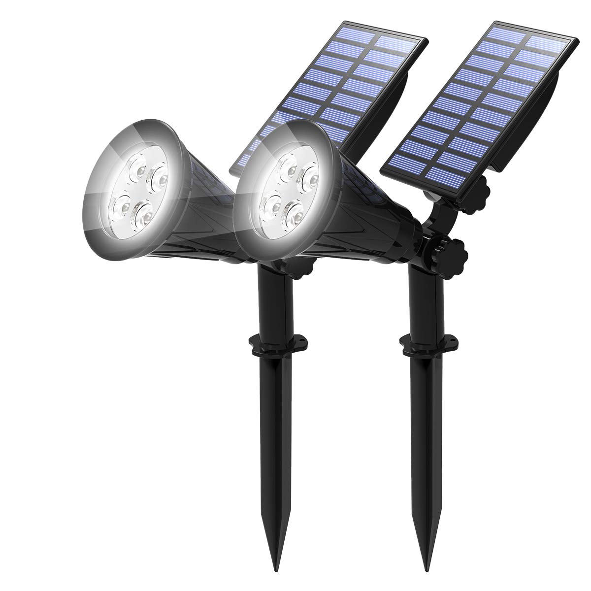 T-SUN LED Solarstrahler, 2 Stück 4 LED Gartenstrahler Solarleuchten, Helle Garten-Licht, 2 Beleuchtungsmodi, Sicherheitsbeleuchtung,Großes Außenlicht für Rasen, Wege,Terrasse(Kaltes Weiß 6000K)