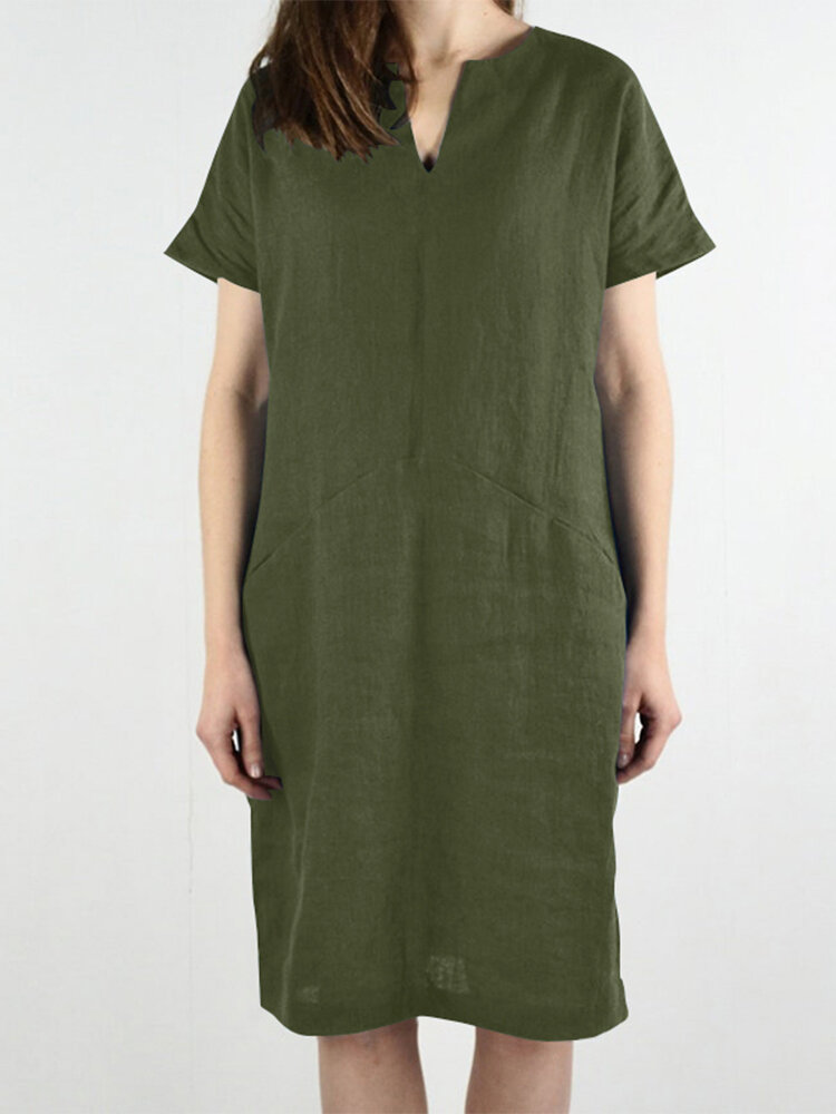 Einfarbig Tasche V-Ausschnitt Kurzarm Freizeit Baumwolle Midi Kleid