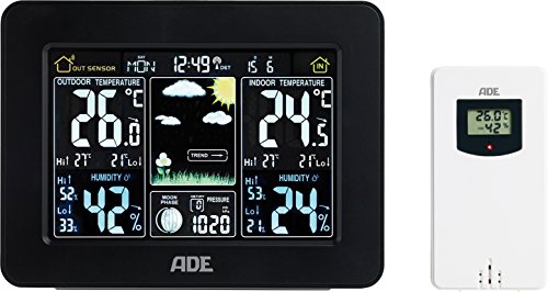 ADE Wetterstation WS 1503 mit Funk und Außensensor. Anzeige von Wetter, Temperatur, Luftdruck und Luftfeuchtigkeit. Mit Funkuhr und Wecker. Thermometer und Hygrometer für Innen und Außen. Schwarz