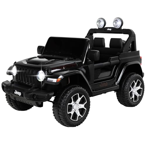 Actionbikes Motors Kinder Elektroauto Jeep Wrangler Rubicon | 2.4 Ghz Fernbedienung - 12 Volt 7 AH Batterie - 2X 35 Watt Motor - Bluetooth - Elektro Auto für Kinder ab 3 Jahre (1-Sitzer Schwarz)