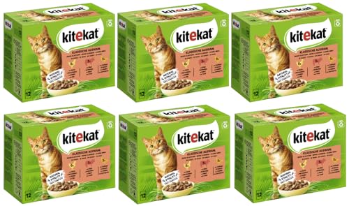 KITEKAT Portionsbeutel Multipack Katzenfutter Nassfutter (6X 12x85g, Klassische Auswahl in Sauce)