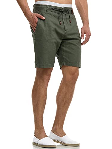 Indicode Herren Bowmanville Shorts aus 55% Leinen & 45% Baumwolle | Kurze Regular Fit Hose Leinen-Shorts Sommerhose Herrenshorts Short Men Pants Freizeithose kurz für Männer Army L