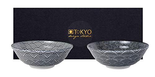 TOKYO design studio Nippon Black 2-er Schalen-Set schwarz-weiß, Ø 21 cm, ca. 1000 ml, asiatisches Porzellan, Japanisches Design mit schwarzen Mustern, inkl. Geschenk-Verpackung