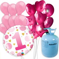 1. Geburtstag Girl Ballongas-Set, mit 50er Helium-Ballongas, Folie- u. Luftballons