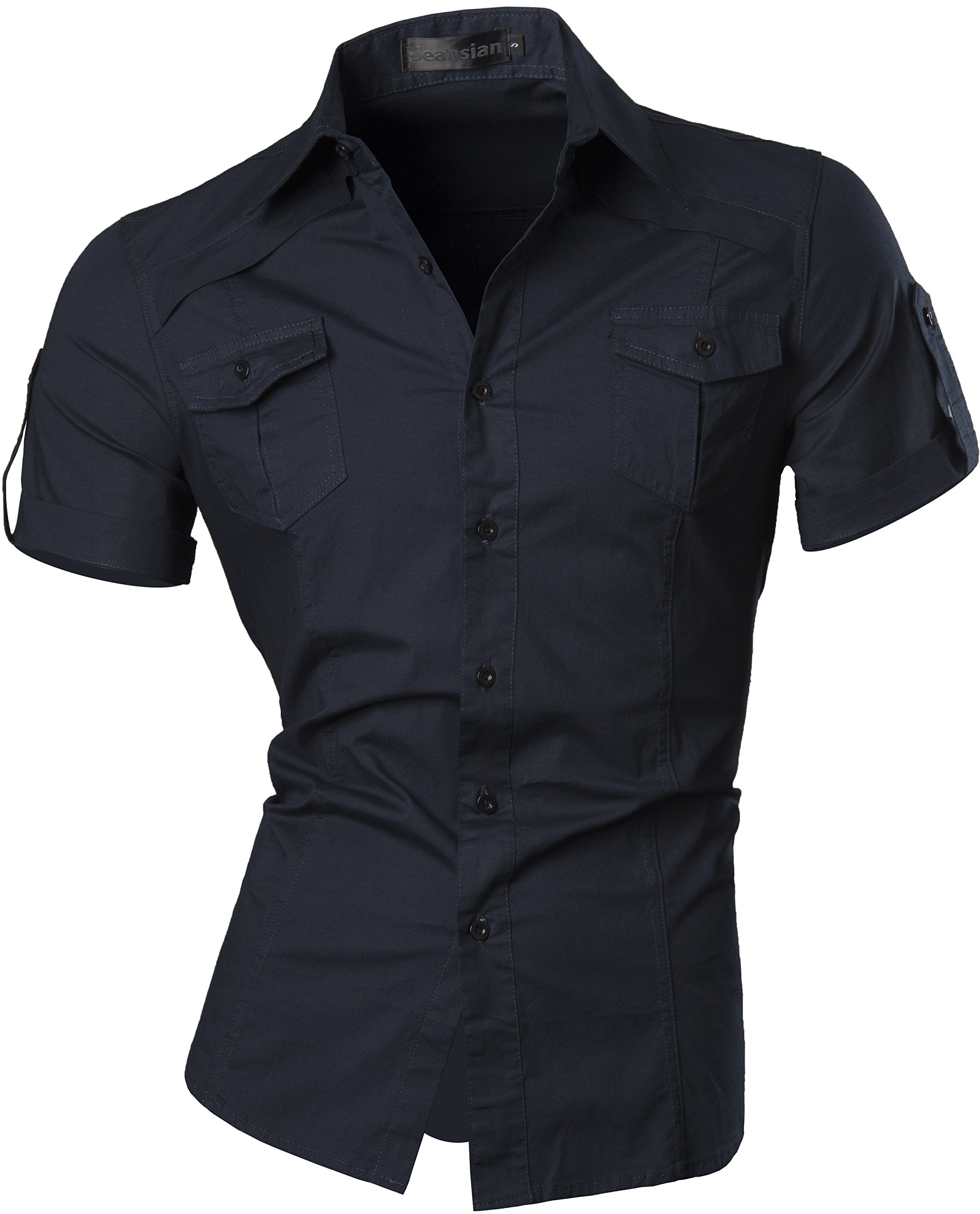 jeansian Herren Freizeit Hemden Shirt Tops Mode Langarmlig Men's Casual Dress Slim Fit 8360 DarkBlue L