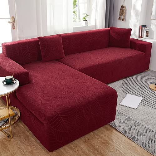 OKJK Sofabezug wasserdicht, Couch überzug l Form, Jacquard Stretch sofaüberwurf, All-Inclusive, rutschfest, Schutzbezug für das Wohnzimmer Liege Sofa (Wine red,4 Seater and 3 Seater)