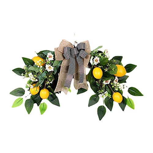 WUHNGD Künstliche Zitronen-Blumengirlande, 55 cm, Tür-Frucht-Grünpflanzen-Girlande mit künstlichen Zitronen, weißen Blumen und grünen Blättern für Zuhause, Haustür, Wand, Hochzeitsdekoration