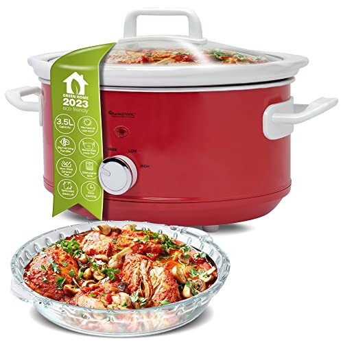 TurboTronic / Slow Cooker / 3,5 L / rot/weiß, hellblau/weiß, schwarz / Schongarer mit Warmhaltefunktion, Dampfgarer, Schmortopf, Gartopf, Sous Vide Garer, Retro-Look (Red)