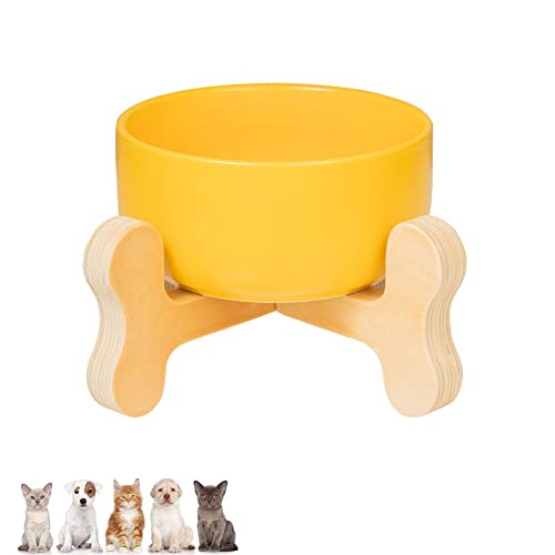 Koomiao Futternapf Katze mit Halter, Napf für Katzen und Hunde,Keramiknapf,Futterstation,Keramik Fressnapf Set,Fütterungsschalen für die meisten Katzen und kleine Hunde (Gelb)