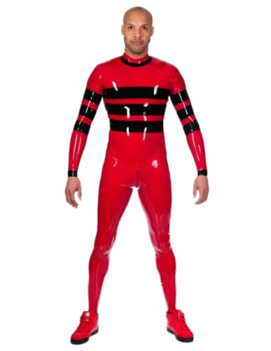 Latex Rubber Black Stripe Red Bodysuit Tight Suit Zip Stripe Sport Overall Catsuit,rot Und Schwarz,L