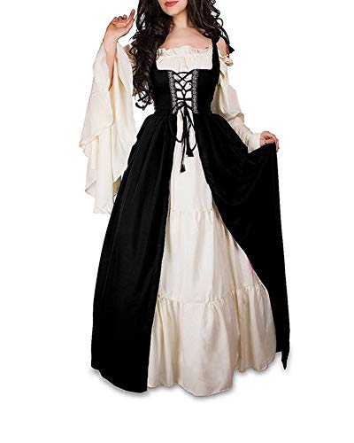 Guiran Damen Mittelalterliche Kleid mit Trompetenärmel Mittelalter Party Kostüm Maxikleid Schwarz 3XL
