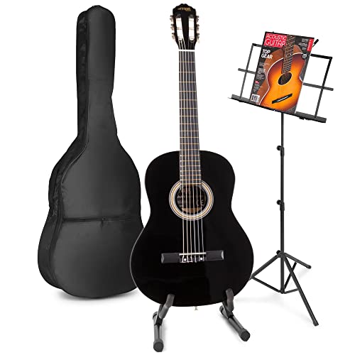 MAX SoloArt Akustik Gitarre mit Tasche, Notenständer und Gitarrrenständer, Stimmgerät, Plektrum, Gurt und Zubehör - Spanische Akustik-Gitarre für Anfänger, Konzertgitarre in Schwarz