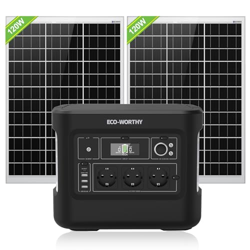ECO-WORTHY Solargenerator PowerRoam 1000 Tragbare Powerstation mit 240W Solarpanel inklusive, Schnellladung, 1024Wh LiFePO4 Akku, bis zu 2500W Leistung, Generatoren für Home Backup/Outdoor/Wohnmobile