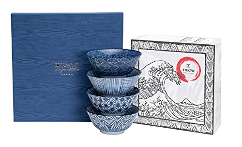 TOKYO design studio Nippon Blue 4-er Schalen-Set blau-weiß, Ø 15 cm, ca. 500 ml, asiatisches Porzellan, Japanisches Design mit blauen Mustern, inkl. Geschenk-Verpackung