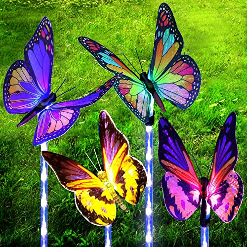 Solarbaby Solar-Gartenleuchten mit farbwechselnden Glasfaser-Schmetterlingsaufsätzen und wasserdichtem LED-Pfahl für Patio Yard Garden Decoration (4er-Set)