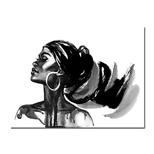 Nativeemie Leinwandbilder Schwarz-Weiß-Schönheit Afrikanerin Porträtplakat und Drucke Wandkunst Bild für Wohnzimmer Dekor 50x90cm / 19,7"x 35,4" Rahmenlos