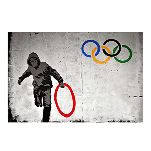 Banksy Kunstwerk Olympische Ringe Leinwand Malerei Druck Graffiti Street Wall Art Poster Wandbild für Wohnzimmer Dekor 60x80cm Rahmenlos