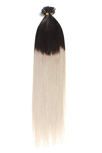 Ombré Keratin Bonding Extensions aus 100% Remy Echthaar/Human Hair 150 0,5g 50cm Glatte Strähnen - U-Tip als Haarverlängerung und Haarverdichtung - Farbe: # Naturschwarz/grau