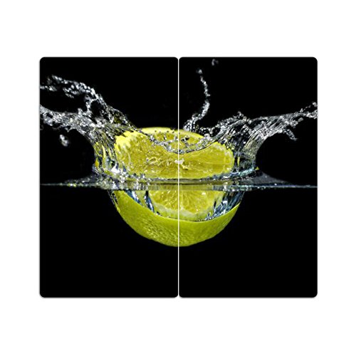 DEKOGLAS Herdabdeckplatten Set inkl. Noppen aus Glas 'Zitrone Limone', Herd Ceranfeld Abdeckung, 2-teilig universal 2x 52x30 cm