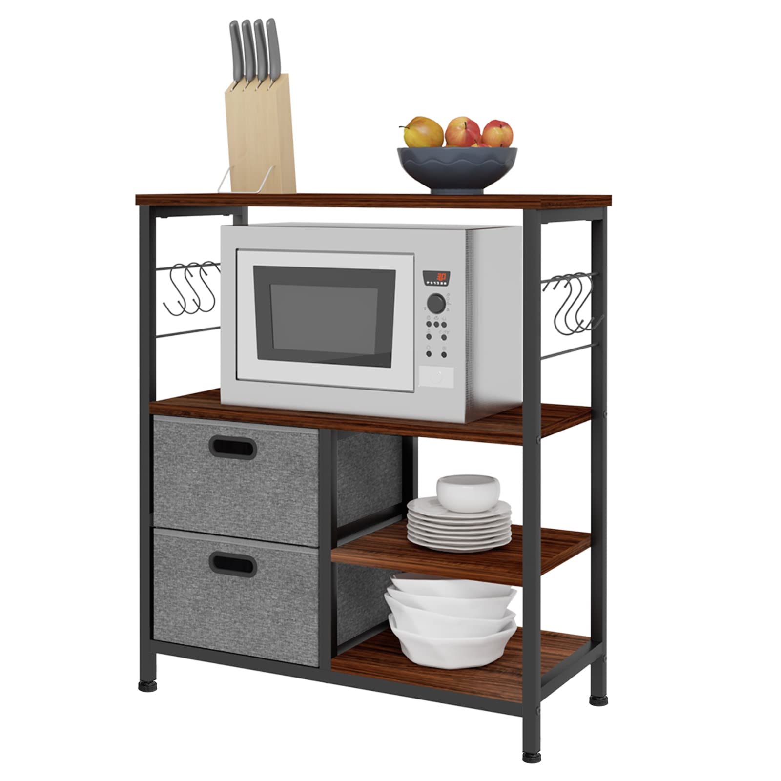 eSituro Küchenregal mit 2 Schubladen Bäckerregal mit 6 Haken Mikrowellenregal Bücherregal aus Holz Metall 70x81x30 cm Dunkelbuche SSTR0106