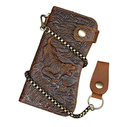 LUUFAN Men's Genuine Leather Long Wallet Chain Wallet Card Holder Wallet with Coin Pocket (Tiger)