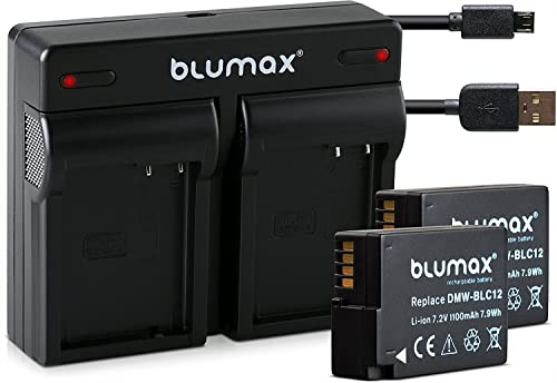 Blumax 2X Akku ersetzt Panasonic DMW-BLC12 / DMW-BLC12-E 1100mAh + Mini Dual-Ladegerät USB | kompatibel mit Lumix DMC: G5 | G6 | GX8 | G70 | G81 | GH2 | FZ200 | FZ300 | FZ1000 | FZ2000 | Leica V-Lux 4