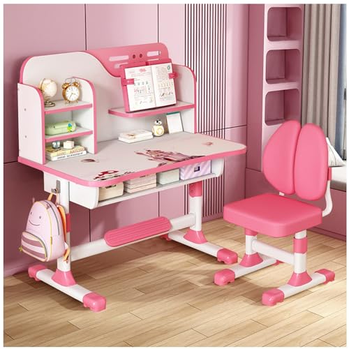 Fairnull Kinder-Tisch- und Stuhl-Sets, Kinder-Studientisch, höhenverstellbarer Kinder-Schul-Studientisch, Stuhl-Set, Astronauten-Muster, ergonomischer Schreibtischstuhl, verbreiterter Rosa