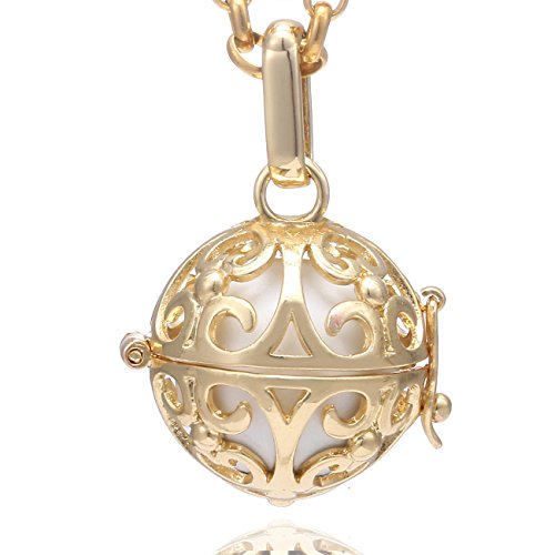 Morella Damen Halskette Edelstahl Gold 70 cm mit Ornament Anhänger Gold und Klangkugel weiß Ø 16 mm in Schmuckbeutel