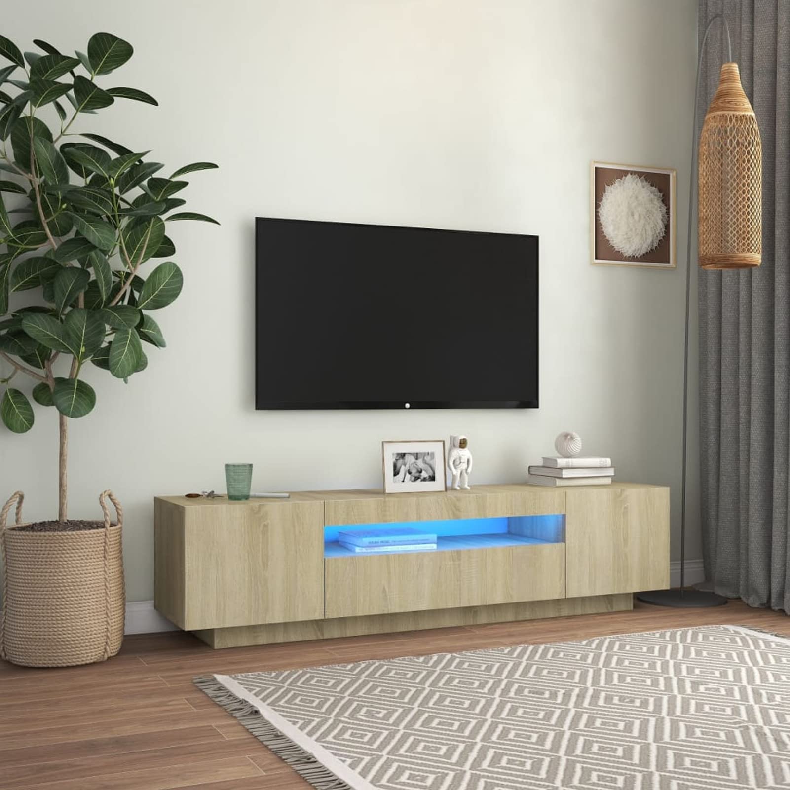 junzai TV-Schrank, Fernsehtisch, Tv Lowboard, Fernsehschrank, Tv Bank, Tv Table, Tv Kommode, mit LED-Leuchten Sonoma-Eiche 160x35x40 cm