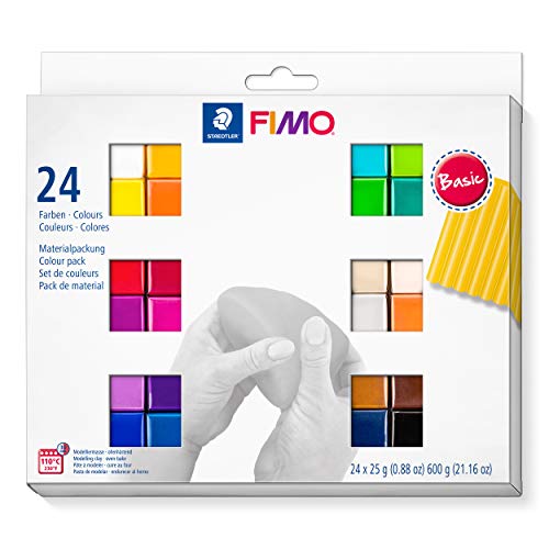 FIMO soft ofenhärtende Modelliermasse. Kartonetui mit 24 sortierten Basic-Farben, 24 Halbblöcke à 25 g